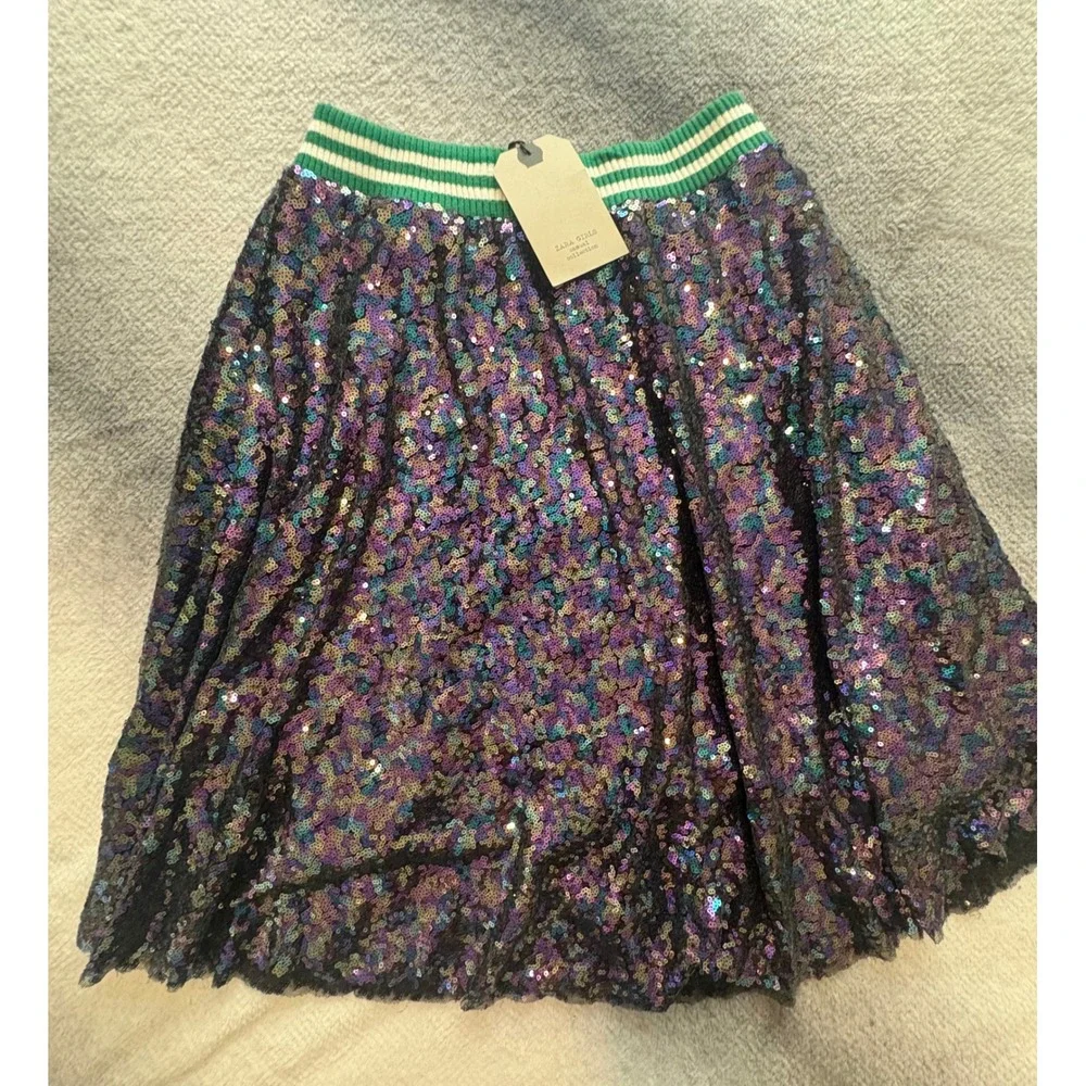 (CL) Zara Girls Sequin Skirt Iridescent Green Striped Waistband‎ Size 13-14 NWT